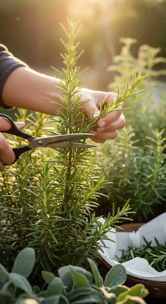 A close-up vertical image of a person's hands pruning a dew-covered rosemary plant outdoors at sunset, using small scissors to clip a sprig. The plant is vibrant green with backlighting from the sun. An important step on How To Care For Rosemary Plants by proper pruning and harvesting.
