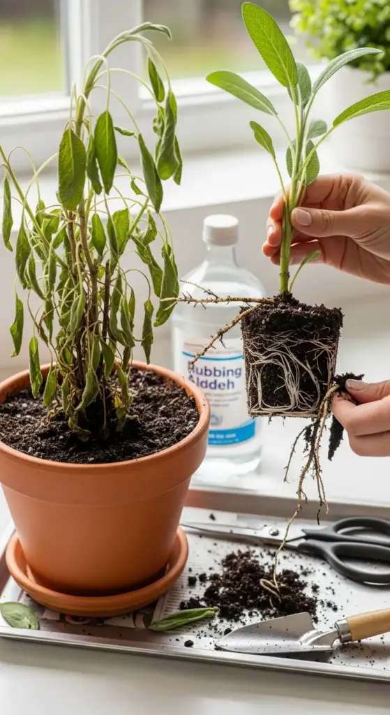 Hands holding a healthy Indoor Sage Plant cutting with tangled, root-bound roots next to a wilting sage plant, illustrating the need for repotting or propagation for a stressed herb.