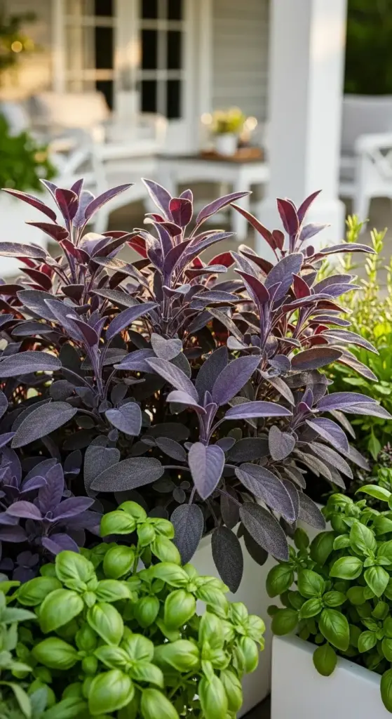 Close-up of rich purple sage and bright green basil growing together in white square planters, providing vibrant color contrast among the decorative Herbs On Porch.