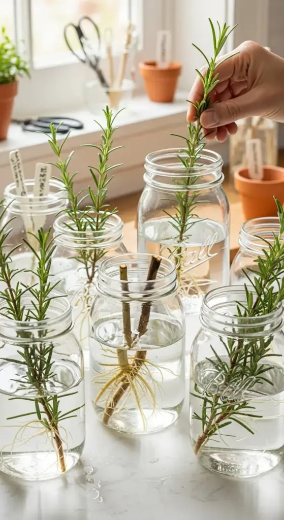 A medium close-up of multiple rosemary cuttings in glass mason jars filled with water, showing visible root growth on the stems, indicating successful propagation. A hand is placing another cutting into a jar. An essential propagation technique step when learning How To Care For Rosemary Plants and grow more.
