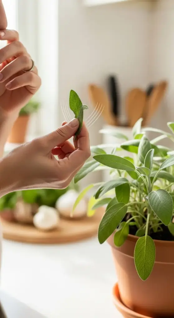 Hands holding a freshly harvested sage leaf, smelling its intense aroma near a thriving Indoor Sage Plant in a kitchen, emphasizing the culinary use and freshness of home-grown herbs.