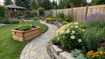 A clean and professional Backyard Layout featuring a winding natural stone walkway that leads past a raised cedar planter bed and built-in stone retaining walls overflowing with white hydrangeas, purple salvia, and bright orange marigolds toward a peaceful wooden gazebo.