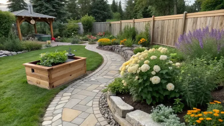 A clean and professional Backyard Layout featuring a winding natural stone walkway that leads past a raised cedar planter bed and built-in stone retaining walls overflowing with white hydrangeas, purple salvia, and bright orange marigolds toward a peaceful wooden gazebo.