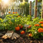 A sun-drenched vegetable garden featuring tomato plants growing alongside bright orange zinnias and fresh basil, with a pair of gardening gloves on the soil—a perfect example of beneficial Companion Planting.