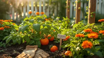 A sun-drenched vegetable garden featuring tomato plants growing alongside bright orange zinnias and fresh basil, with a pair of gardening gloves on the soil—a perfect example of beneficial Companion Planting.