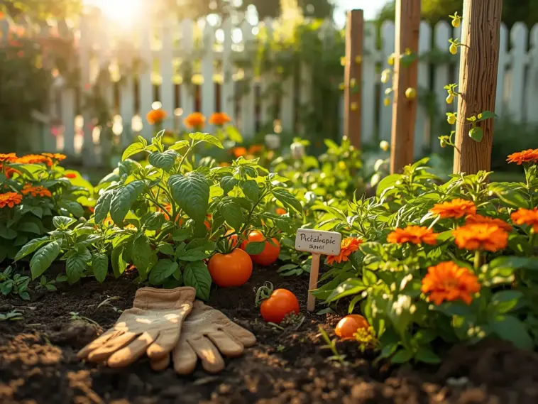 A sun-drenched vegetable garden featuring tomato plants growing alongside bright orange zinnias and fresh basil, with a pair of gardening gloves on the soil—a perfect example of beneficial Companion Planting.