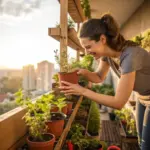 A smiling woman tending to a variety of small potted herbs and plants on a wooden tiered shelving unit on a high-rise city balcony at sunset—a perfect example of accessible Gardening for Beginners.