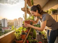 A smiling woman tending to a variety of small potted herbs and plants on a wooden tiered shelving unit on a high-rise city balcony at sunset—a perfect example of accessible Gardening for Beginners.