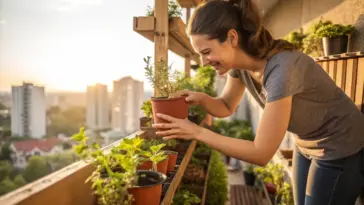 A smiling woman tending to a variety of small potted herbs and plants on a wooden tiered shelving unit on a high-rise city balcony at sunset—a perfect example of accessible Gardening for Beginners.
