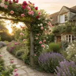 A romantic stone path winding toward a rustic cottage, framed by a wooden arbor overflowing with pink and white climbing roses at sunset—a quintessential example of timeless Rose Garden Ideas.