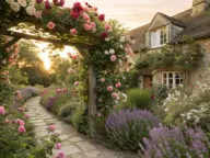 A romantic stone path winding toward a rustic cottage, framed by a wooden arbor overflowing with pink and white climbing roses at sunset—a quintessential example of timeless Rose Garden Ideas.