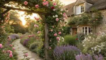 A romantic stone path winding toward a rustic cottage, framed by a wooden arbor overflowing with pink and white climbing roses at sunset—a quintessential example of timeless Rose Garden Ideas.