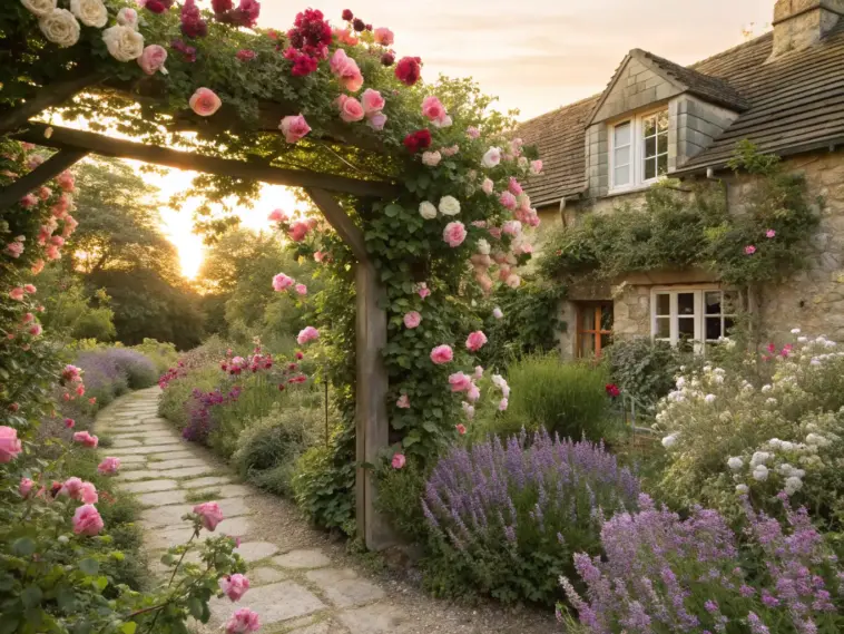 A romantic stone path winding toward a rustic cottage, framed by a wooden arbor overflowing with pink and white climbing roses at sunset—a quintessential example of timeless Rose Garden Ideas.