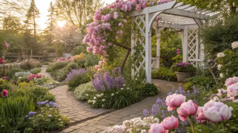 A sun-drenched stone pathway winds through a lush landscape featuring a white garden arbor draped in climbing pink roses and surrounded by beds of purple lavender and peonies—a breathtaking example of a Spring Flower Garden.