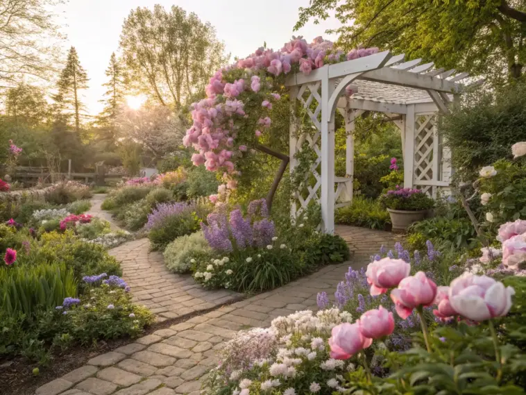 A sun-drenched stone pathway winds through a lush landscape featuring a white garden arbor draped in climbing pink roses and surrounded by beds of purple lavender and peonies—a breathtaking example of a Spring Flower Garden.