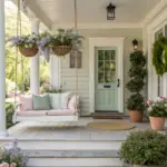 A serene light-green porch featuring a white wooden swing with pink and mint pillows, hanging baskets overflowing with lavender flowers, and a spiraling topiary—classic inspiration for Spring Porch Ideas.