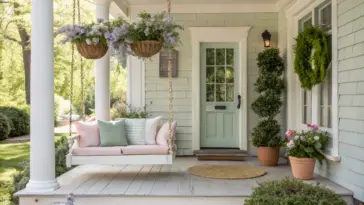 A serene light-green porch featuring a white wooden swing with pink and mint pillows, hanging baskets overflowing with lavender flowers, and a spiraling topiary—classic inspiration for Spring Porch Ideas.