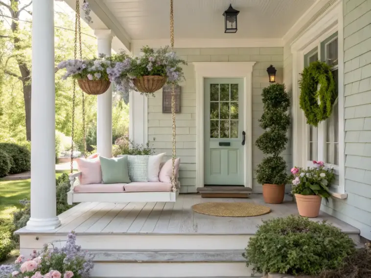 A serene light-green porch featuring a white wooden swing with pink and mint pillows, hanging baskets overflowing with lavender flowers, and a spiraling topiary—classic inspiration for Spring Porch Ideas.