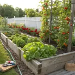 A sun-drenched backyard featuring several long, wooden raised beds filled with thriving lettuce, leafy greens, and staked tomato plants heavy with ripening fruit—an organized and efficient example of Vegetable Garden Design.
