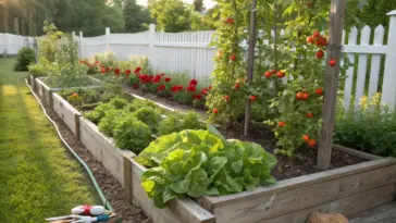 A sun-drenched backyard featuring several long, wooden raised beds filled with thriving lettuce, leafy greens, and staked tomato plants heavy with ripening fruit—an organized and efficient example of Vegetable Garden Design.