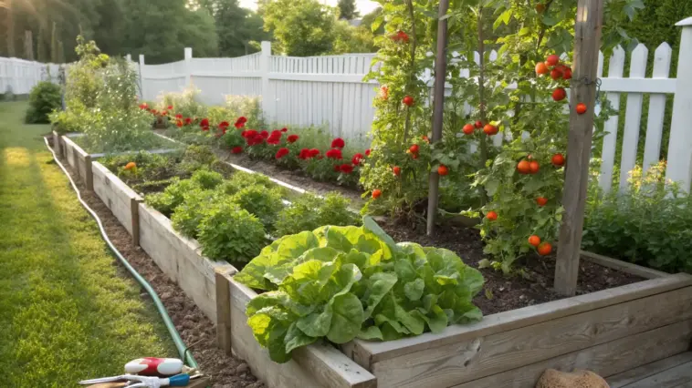 A sun-drenched backyard featuring several long, wooden raised beds filled with thriving lettuce, leafy greens, and staked tomato plants heavy with ripening fruit—an organized and efficient example of Vegetable Garden Design.