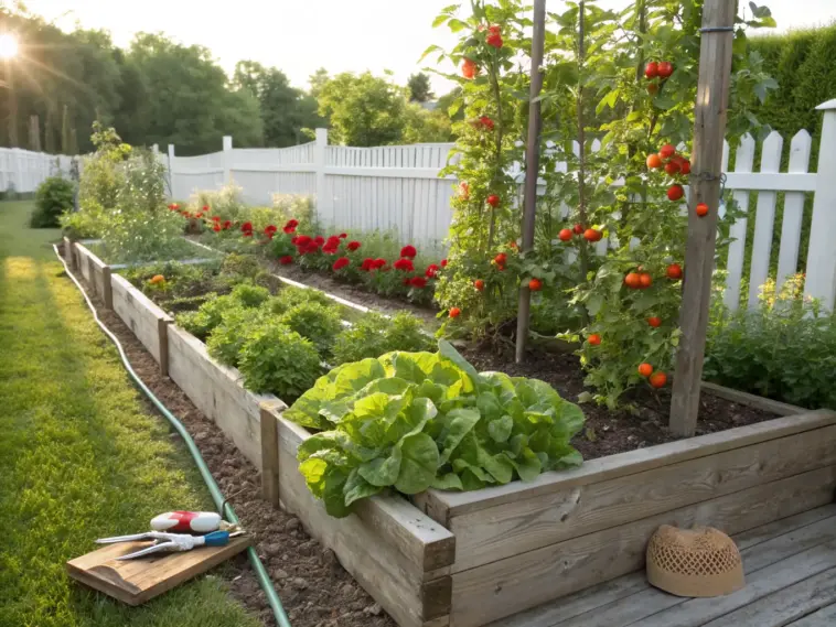 A sun-drenched backyard featuring several long, wooden raised beds filled with thriving lettuce, leafy greens, and staked tomato plants heavy with ripening fruit—an organized and efficient example of Vegetable Garden Design.