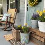 A cozy front porch decorated with Spring Porch Ideas, featuring a wooden rocking chair with a yellow throw and floral pillow, a teal door with a yellow wreath, and various potted daffodils and lavender arranged on rustic wooden crates.