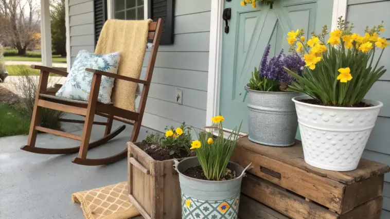 A cozy front porch decorated with Spring Porch Ideas, featuring a wooden rocking chair with a yellow throw and floral pillow, a teal door with a yellow wreath, and various potted daffodils and lavender arranged on rustic wooden crates.