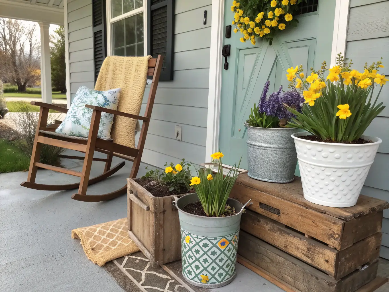 A cozy front porch decorated with Spring Porch Ideas, featuring a wooden rocking chair with a yellow throw and floral pillow, a teal door with a yellow wreath, and various potted daffodils and lavender arranged on rustic wooden crates.