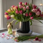 A lush, multi-colored bouquet featuring shades of pink, magenta, and white blossoms serves as a centerpiece for these Tulip Arrangement Ideas. The flowers are styled in a sleek, dark matte vase resting on a marble tabletop, surrounded by loose petals, a gold pitcher, and additional stems, creating a sophisticated and organic floral display.