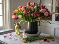 A lush, multi-colored bouquet featuring shades of pink, magenta, and white blossoms serves as a centerpiece for these Tulip Arrangement Ideas. The flowers are styled in a sleek, dark matte vase resting on a marble tabletop, surrounded by loose petals, a gold pitcher, and additional stems, creating a sophisticated and organic floral display.