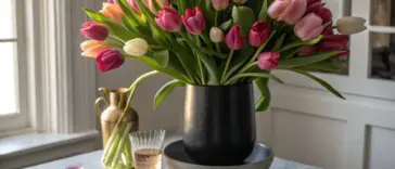 A lush, multi-colored bouquet featuring shades of pink, magenta, and white blossoms serves as a centerpiece for these Tulip Arrangement Ideas. The flowers are styled in a sleek, dark matte vase resting on a marble tabletop, surrounded by loose petals, a gold pitcher, and additional stems, creating a sophisticated and organic floral display.