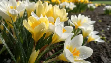 A close-up of vibrant white and yellow crocuses with water droplets on their petals, appearing as if they were a growing daffodil in a spring garden bed.
