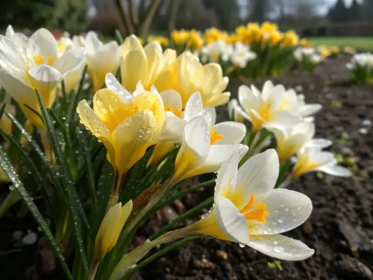 A close-up of vibrant white and yellow crocuses with water droplets on their petals, appearing as if they were a growing daffodil in a spring garden bed.