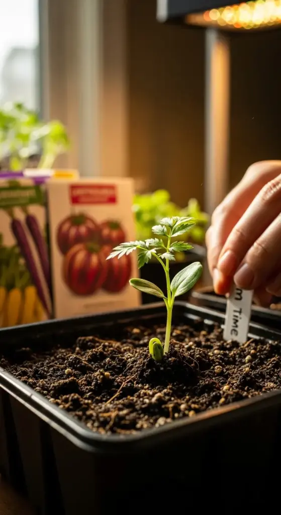 A close-up shot of a small green plant sprout in a black tray of soil, illustrating the seed starting process. A person’s hand is placing a white plant marker labeled "Thyme" into the earth. In the background, out-of-focus seed packets for tomatoes and carrots sit under the warm glow of an indoor grow light.