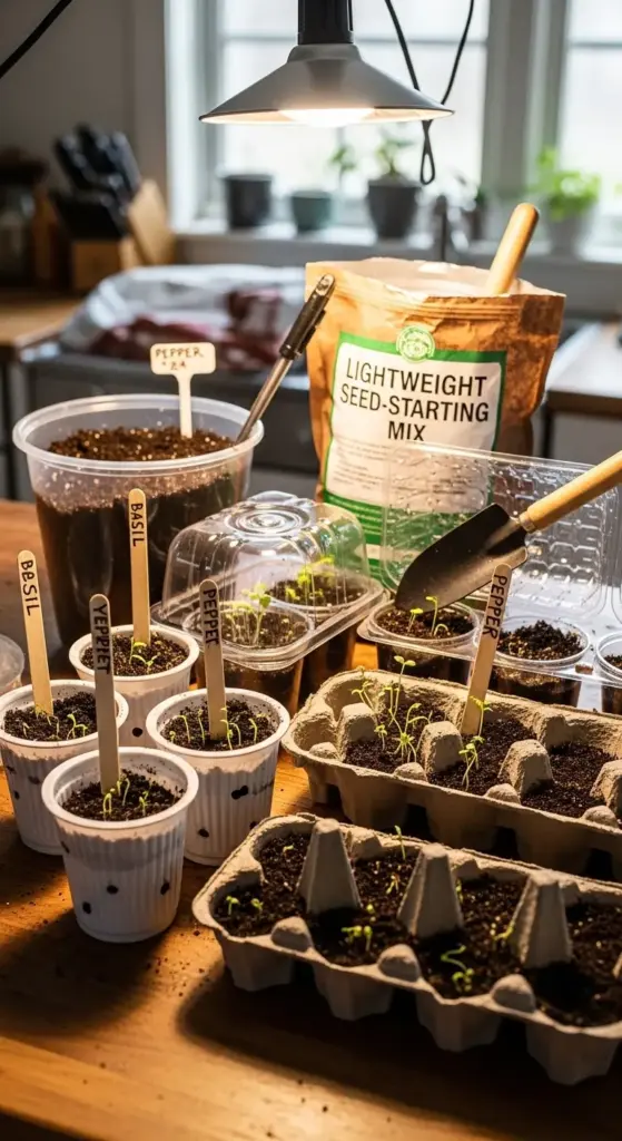 An indoor gardening setup featuring various seed starting containers, including plastic cups and egg cartons filled with soil and young sprouts. Wooden markers labeled "Basil" and "Pepper" identify the seedlings under a hanging grow light. A bag of "Lightweight Seed-Starting Mix" and a small hand trowel sit on the wooden table, with a bright window in the background.