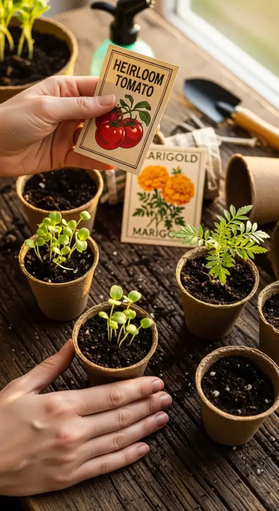 A person’s hands tending to a seed starting project on a rustic wooden surface. Several biodegradable peat pots hold small green seedlings, while the person holds an "Heirloom Tomato" seed packet above a "Marigold" packet, with a spray bottle and garden trowel visible in the soft background light.