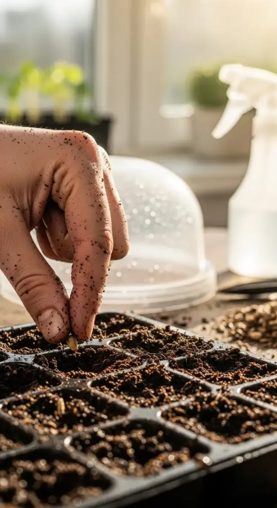 A detailed view of a person’s soil-dusted hand carefully placing a single seed into a black cellular tray, demonstrating the first step of seed starting. In the blurred background, a clear plastic humidity dome and a white spray bottle sit on a sunlit workspace.