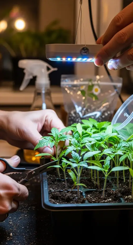 A person using small scissors to thin out healthy green seedlings in a black tray, a vital step in the seed starting process. A specialized LED grow light with red and blue spectrums hangs directly above the plants to encourage growth.