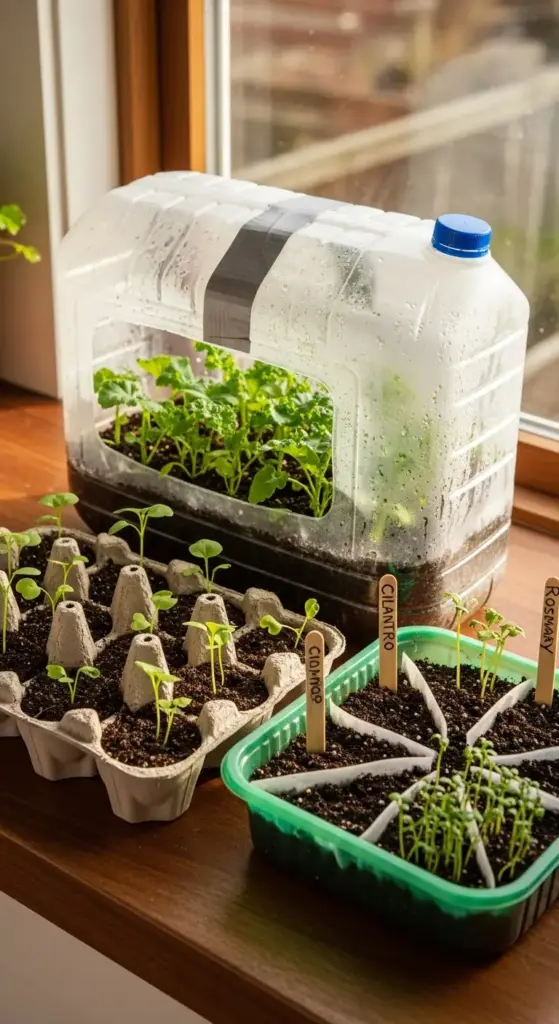 A variety of budget-friendly seed starting containers on a sunlit windowsill, including an egg carton and a green plastic tray with "Cilantro" and "Rosemary" markers. In the background, a large plastic jug has been repurposed into a miniature greenhouse to hold taller seedlings.