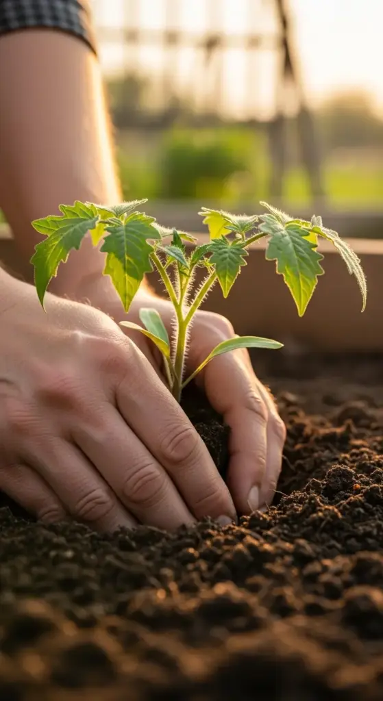 A close-up of a person's hands gently pressing soil around a healthy tomato transplant in an outdoor garden bed. This image captures the successful culmination of the seed starting journey as the plant is moved to its permanent home in the sunlight.