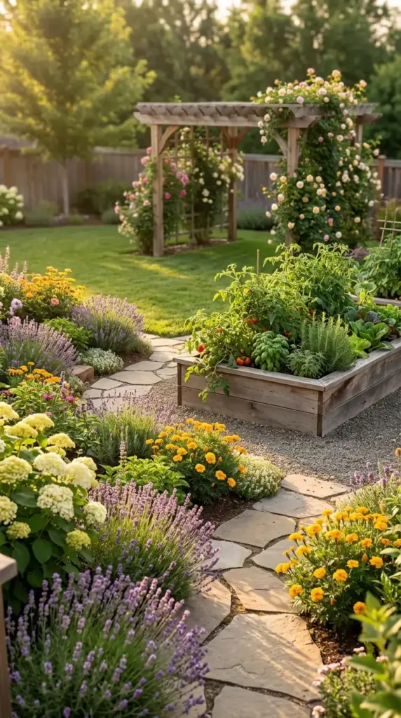 A sun-drenched Backyard Layout featuring a flagstone path that winds between lush lavender borders and a large wooden raised bed overflowing with tomato plants and basil, leading toward a classic wooden pergola adorned with climbing pink roses.