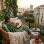 A cozy balcony garden featuring lush greenery in various containers, including hanging planters and woven baskets, creating a serene urban retreat with comfortable seating and warm lighting.