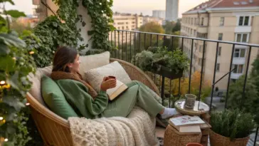 A cozy balcony garden featuring lush greenery in various containers, including hanging planters and woven baskets, creating a serene urban retreat with comfortable seating and warm lighting.