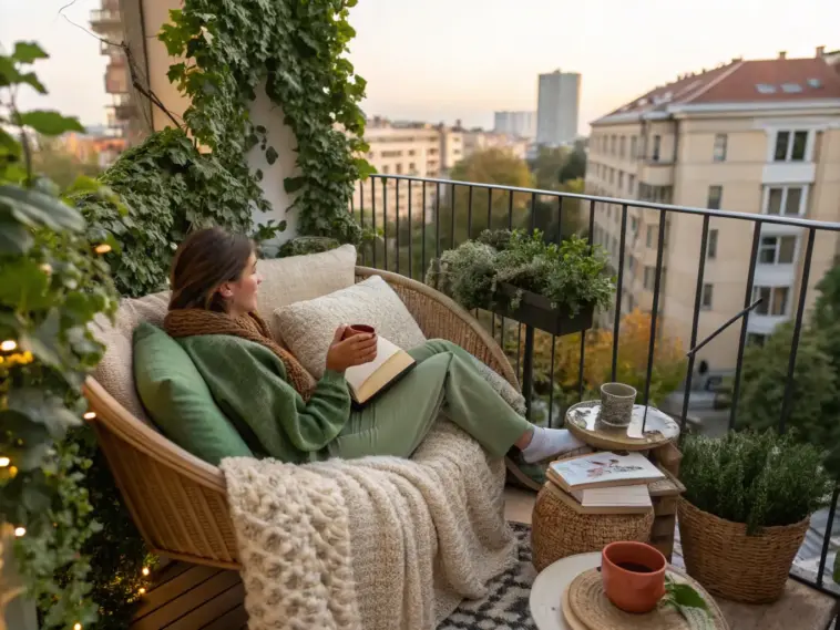 A cozy balcony garden featuring lush greenery in various containers, including hanging planters and woven baskets, creating a serene urban retreat with comfortable seating and warm lighting.