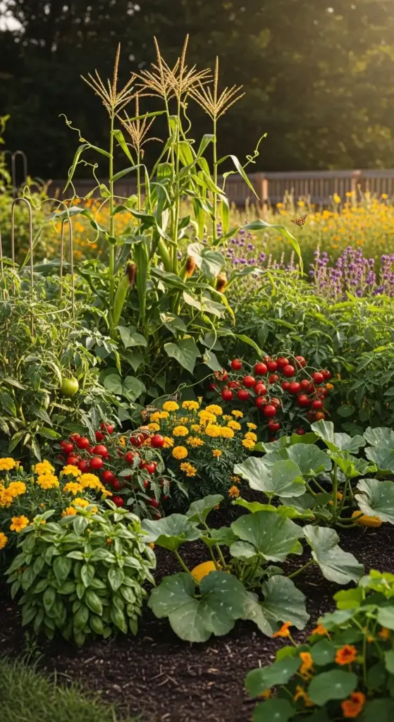 A lush vegetable garden demonstrating the "Three Sisters" method of Companion Planting, featuring tall corn stalks, climbing beans, and large squash leaves growing alongside cherry tomatoes, marigolds, and basil.