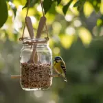 A vibrant blue tit perches on a rustic DIY bird feeder made from a glass mason jar filled with mixed seeds, suspended by twine with wooden spoons as perches—set against a soft-focus green leafy backdrop—showcasing an elegant, eco-friendly example of DIY bird feeders that blend function, charm, and garden integration.