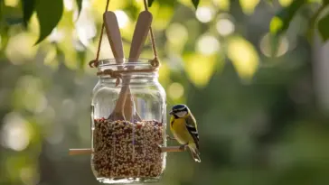 A vibrant blue tit perches on a rustic DIY bird feeder made from a glass mason jar filled with mixed seeds, suspended by twine with wooden spoons as perches—set against a soft-focus green leafy backdrop—showcasing an elegant, eco-friendly example of DIY bird feeders that blend function, charm, and garden integration.