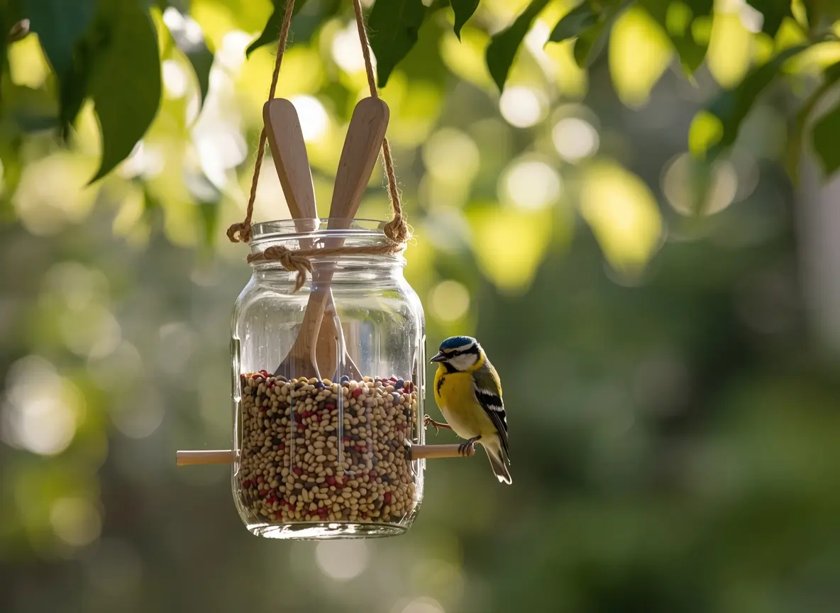 A vibrant blue tit perches on a rustic DIY bird feeder made from a glass mason jar filled with mixed seeds, suspended by twine with wooden spoons as perches—set against a soft-focus green leafy backdrop—showcasing an elegant, eco-friendly example of DIY bird feeders that blend function, charm, and garden integration.