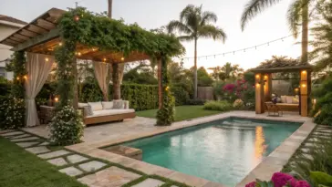 A luxurious swimming pool surrounded by Dreamy Backyard Ideas, featuring a greenery-covered pergola with a white daybed, warm string lighting, and tropical palm trees at sunset.